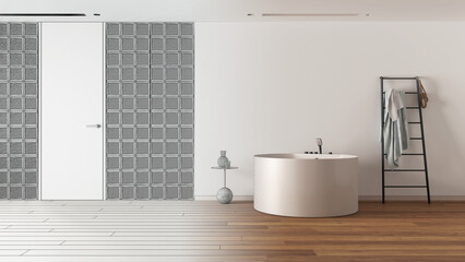 Architect interior designer concept: hand-drawn draft unfinished project that becomes real, minimal bathroom with round bathtub and decors. Glass brick walls and parquet