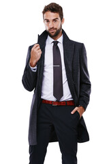 Portrait, fashion and a handsome gentleman in business attire isolated on a transparent background for style. Model, confident and classy with a young male professional posing in smart clothes on PNG