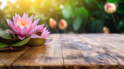 A Moment of Stillness: Savoring the Beauty and Serenity of an Empty Wooden Table Top with a Blurred Beautiful Pink Lotus. Empty Space for Text. Ai Generative