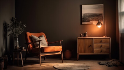 Light relax room interior with armchair and dresser with decor, mockup frame