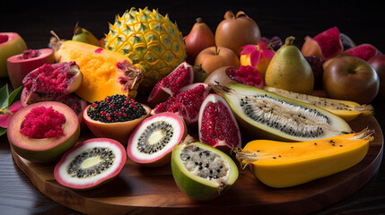 Fototapeta na wymiar An assortment of exotic fruits such as dragon fruit, passion fruit, and papaya