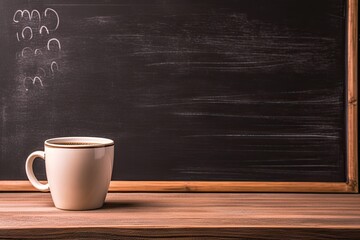 Tabletop temptations. Close up of white cup of espresso coffee on blackboard background