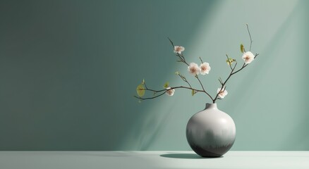 White ceramic vase with blooming flowers branches in sunlight from window on pastel green wall, shadow on white floor for decoration, luxury cosmetic, skincare beauty product background, generative ai