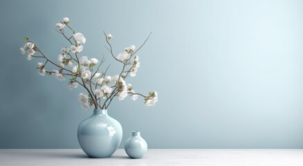 2 vases with blooming branches in sunlight from window on light blue and gray wall and marble floor for decoration, luxury cosmetic, skincare, beauty product background 3D, Generative ai