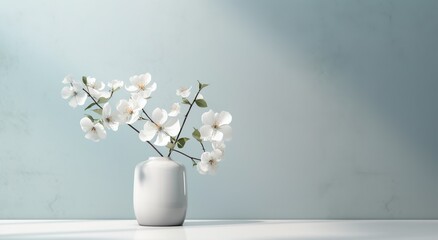 White ceramic vase with blooming flowers branches in sunlight from window on pastel blue wall, shadow on white floor for decoration, luxury cosmetic, skincare, beauty product background, generative ai