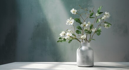 White ceramic vase with blooming flowers branches in sunlight from window on pastel emerald gray wall, shadow on white floor for decoration, luxury cosmetic, skincare, beauty product, generative ai