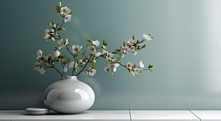 White ceramic vase with blooming flowers branches in sunlight from window on pastel emerald gray wall, shadow on white floor for decoration, luxury cosmetics, skincare, beauty product, generative ai