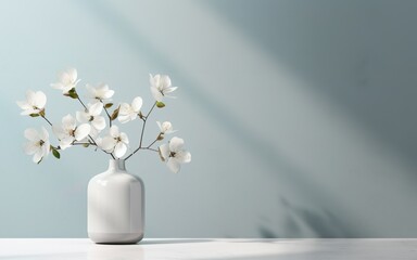 White ceramic vase with blooming flowers branches in sunlight from window on pastel light gray wall, shadow on white floor for decoration, luxury cosmetic, skincare, beauty product, generative ai 