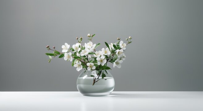 Modern glass vase with cherry flowers in sunlight from window on gray wall, shadow on white marble floor for decoration, luxury cosmetic, skincare, beauty product background display, Generative ai