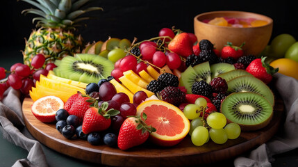 Fototapeta na wymiar A colorful fruit platter featuring pineapple, watermelon, berries, and kiwi