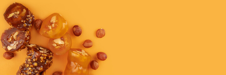 churchkhela, Walnut and grape juice candy, copy space, banner