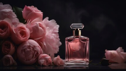 Obraz na płótnie Canvas Perfume bottle with pink roses on black background, still life. Generative AI.