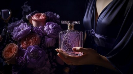 Close-up of woman's hand with perfume bottle on black background. Generative AI.