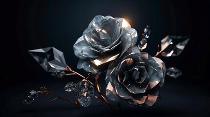 Silver roses on a black background. Generative AI.