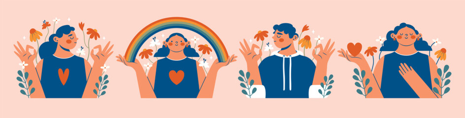 World Mental Health Day. Mental health support concept. Set of cute clip arts with women, man, okay gesture, rainbow, text, flowers, heart.  pesons, who holding rainbow and show okay gest. Flat style.