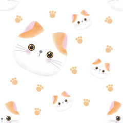 kawaii cute cat watercolor Seamless Pattern on white background Cartoon print Animals Illustration vector
