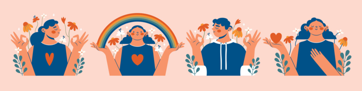 World Mental Health Day. Mental health support concept. Set of cute clip arts with women, man, okay gesture, rainbow, text, flowers, heart.  pesons, who holding rainbow and show okay gest. Flat style.