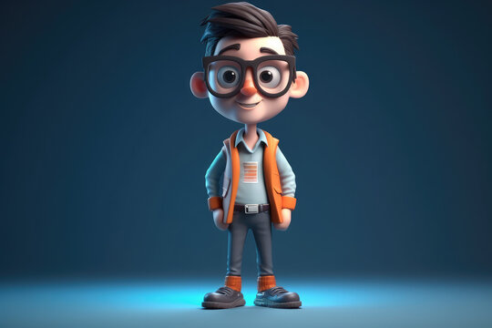 3d nerdy cartoon character wearing glasses up, generative AI