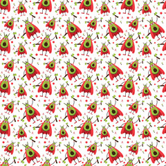 Seamless pattern Avocado hero character in Superhero costume and axe. Fruit character pattern