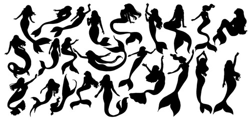 set of silhouette of mermaid.