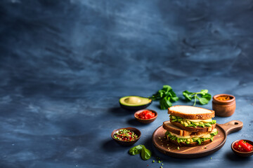 Avocado sandwich on dark bacground. Copy space. Generative AI