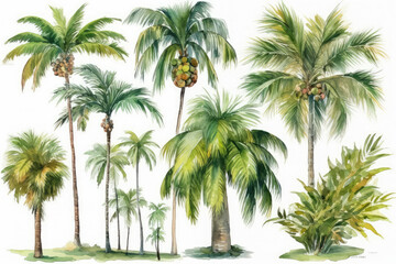 Fototapeta na wymiar Green palm tree painted in watercolor and set against a white background. old fashioned coconut trees tropical rainforest with flowers, generative AI
