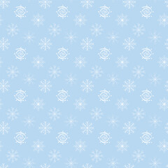 White snowflake seamless pattern icons collection in line style isolated on blue background. New year design elements, frozen symbol, Vector illustration