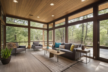 Fototapeta na wymiar With a contemporary screen porch and patio furniture, and summery woodlands in the distance