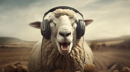 A sheep with headphones who really enjoys music, Generative AI