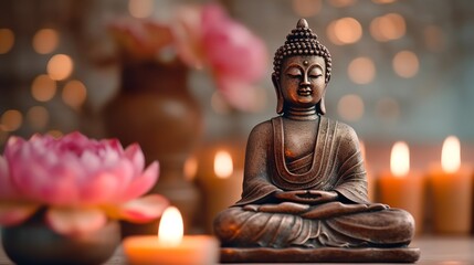 Fototapeta premium Buddha statue with lotus flowers and candles, Generative AI