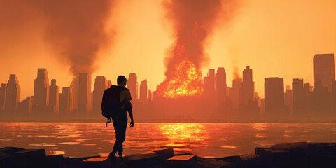 Fototapeta premium A people silhouette walking through the streets as wildfire smoke bathed New York City in fumes - Generative AI