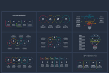 Line concept for infographic with 4, 5, 6 steps, options, parts or processes. Template for web on a black background.