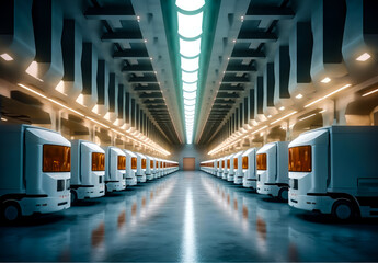 a line of white and orange warehouse electric trucks parked out, generative ai