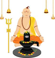 Creative and professional design of the Indian priest panditji meditating and chanting Om namah shivaya in front of the Shiva linga.