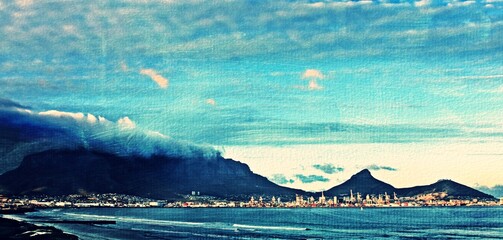 Landscape with the beach in Milnerton and Table Mountain at sunrise mixed media