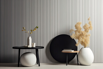 Grey wall panels and a black side table in minimalistic interior design composition. Generative AI