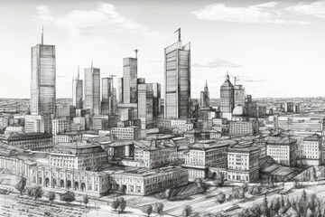 Fototapeta na wymiar Hand-drawn black pen on white background cityscape panorama of Warsaw. Generative AI