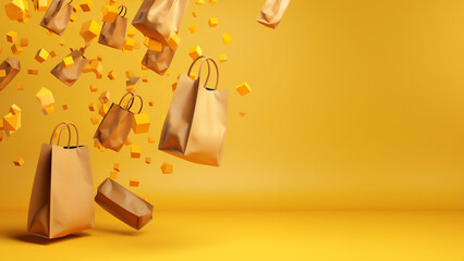 Empty orange color shopping bag on the yellow background, copy space text, Design creative concept for autumn sale event. generative ai.