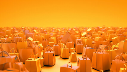 Empty orange color shopping bag on the yellow background, copy space text, Design creative concept for autumn sale event. generative ai.