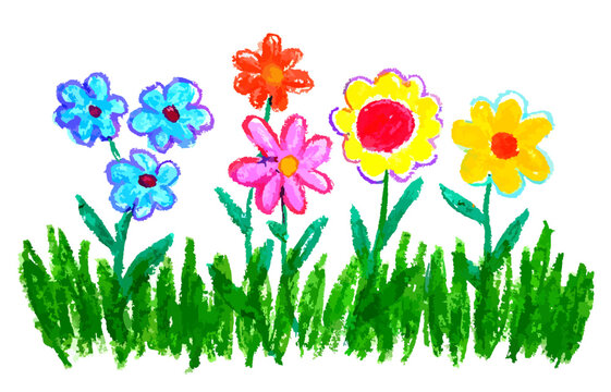 kid's drawing flowers hand drawn illustration with color wax crayons.