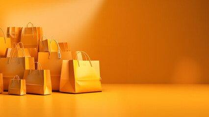 Empty orange color shopping bag on the yellow background, copy space text, Design creative concept for autumn sale event. generative ai. - obrazy, fototapety, plakaty