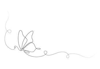 Butterfly in One continuous line drawing. Beautiful flying moth for wellbeing beauty or spa salon logo and divider concept in simple linear style vector illustration. Premium vector. 