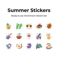 Get you hands on this creatively designed hand drawn stickers of summer vacation, travel and adventure vectors 