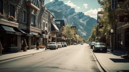 Obraz premium Scenic street view of the Banff Avenue in a sunny summer day. Banff is a resort town and popular tourist destination.