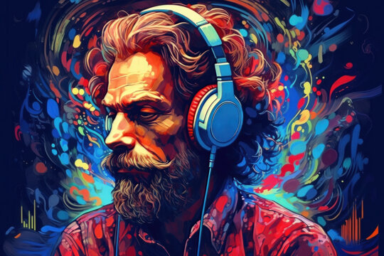 Handsome man with a beard and a headphones, multi-colored strokes of paint drawing. Generative AI