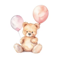 Fotobehang Watercolor teddy bear with balloons on white background Generative AI © stock_acc