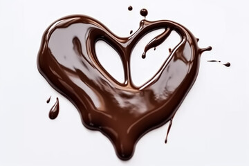 Obraz premium Melted chocolate syrup in a heart shape on white background