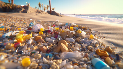 plastic waste piled up on the beach. generative ai.