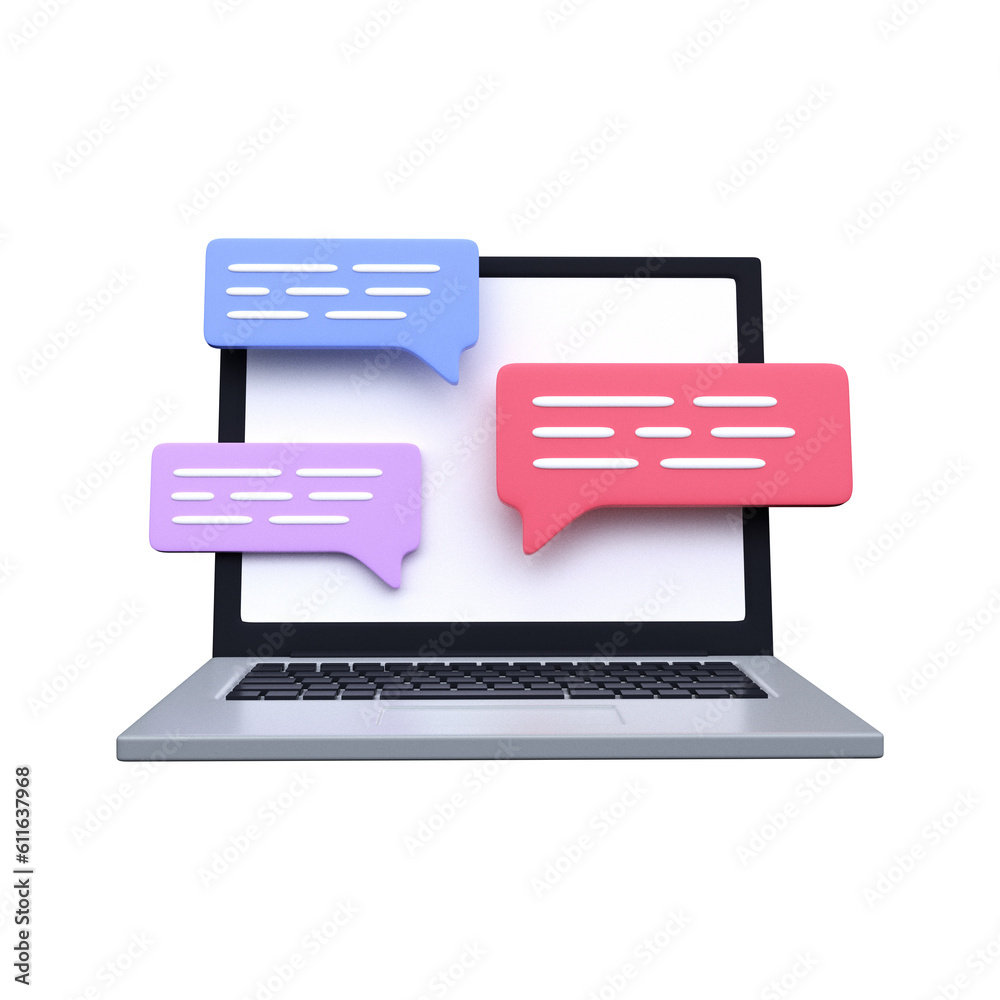 Fototapete laptop with chat bubble notifications. internet messaging 3d render