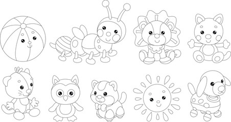 Toy baby animal characters with a cute little caterpillar, lion, kittens, owlet, sun and puppy, set of black and white outline vector cartoon illustrations